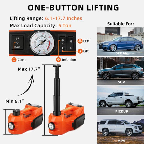 Electric Car Jack 5 Ton Hydraulic Floor Jack With Electric Impact Wrench Tire Inflator And LED Light, lifting range 6.1-17.7 inches