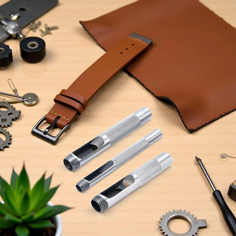 Pro Grade Leather Punch Set With Steel Hollow Punches, Three Piece Grommet Hole Punch Kit on wooden surface with leather and tools