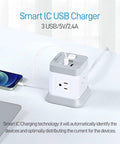 Smart IC USB charger alongside Compact 2 Prong Power Strip With USB Ports And Flat Plug Four Outlets And Three USB Ports Five Foot Power Cord Desktop Charging Station With Overload Protection Ideal For Non Grounded Outlets And Small Spaces