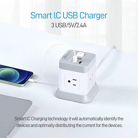 Smart IC USB charger alongside Compact 2 Prong Power Strip With USB Ports And Flat Plug Four Outlets And Three USB Ports Five Foot Power Cord Desktop Charging Station With Overload Protection Ideal For Non Grounded Outlets And Small Spaces