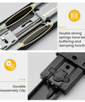 Close-up of 22 inch black soft close drawer slides with double springs and durable disassembly clip, highlighting buffering function.