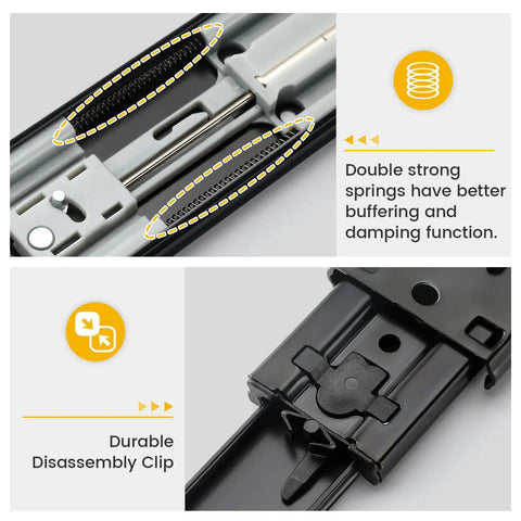 Close-up of 22 inch black soft close drawer slides with double springs and durable disassembly clip, highlighting buffering function.