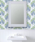 Top Shelf PVC Free Preppy Wallpaper With Heavy Duty Matte Linen Texture Ideal For Busy Homes Or Tight Offices Super Easy Paste To Paper Application showcasing palm pattern in a bathroom setting.