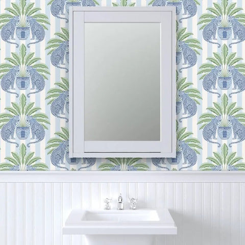 Top Shelf PVC Free Preppy Wallpaper With Heavy Duty Matte Linen Texture Ideal For Busy Homes Or Tight Offices Super Easy Paste To Paper Application showcasing palm pattern in a bathroom setting.