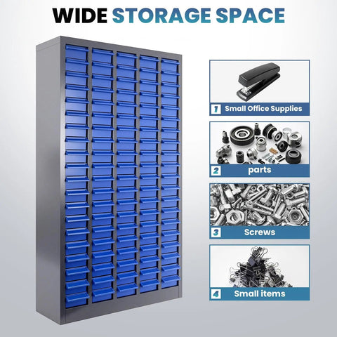 Tough As Nails Heavy Duty Parts Organizer Cabinet With 75 Drawers And Clear Label System, Rock Solid Bolt Bin For Garage And Workshop Storage 26X9X46 Inches, showcasing wide storage space.