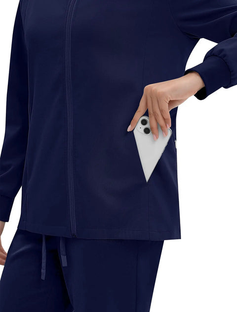 Women Go To Zip Front Scrub Jacket Four Pocket Medical Top Ultra Soft Stretch Uniform Coat with phone in pocket.
