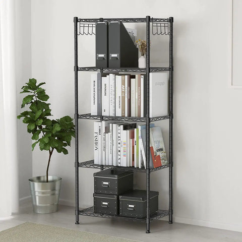 Beefy Five Shelf Heavy Duty Metal Storage Rack With Adjustable Wire Shelves, Leveling Feet And Handy Hooks For Kitchen, Bathroom Or Garage