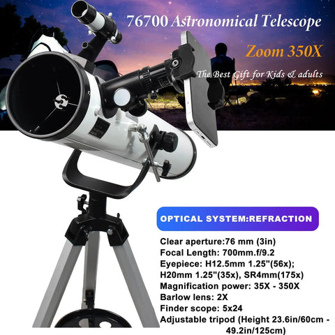 Portable 76mm Aperture Reflector Telescope with 700mm focal length, eyepieces, and phone adapter on a tripod at night