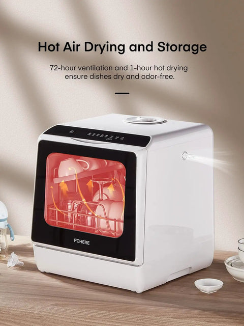 Easy Setup Countertop Dishwasher With Smart Delay Timer And Zero Plumbing Hookups Required, showing hot air drying feature with dishes inside.