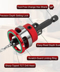 Top Shelf Nine Piece Countersink Drill Bit Set With Five Killer HSS Sizes And Adjustable Depth Stop Collar Plus Wrench showing precision hex shank and depth scale.