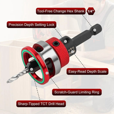 Top Shelf Nine Piece Countersink Drill Bit Set With Five Killer HSS Sizes And Adjustable Depth Stop Collar Plus Wrench showing precision hex shank and depth scale.