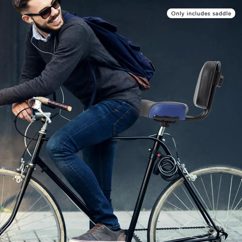 Wide E Bike Seat With Backrest For Long Rides Comfort All Day Sit On A Big Cushioned Ergonomic Saddle With Adjustable Backrest And Height Fits Electric Scooters Stationary Bikes And Trikes Heavy Duty 220 Lb Load Capacity on bicycle side view, black and blue cushioned seat with backrest