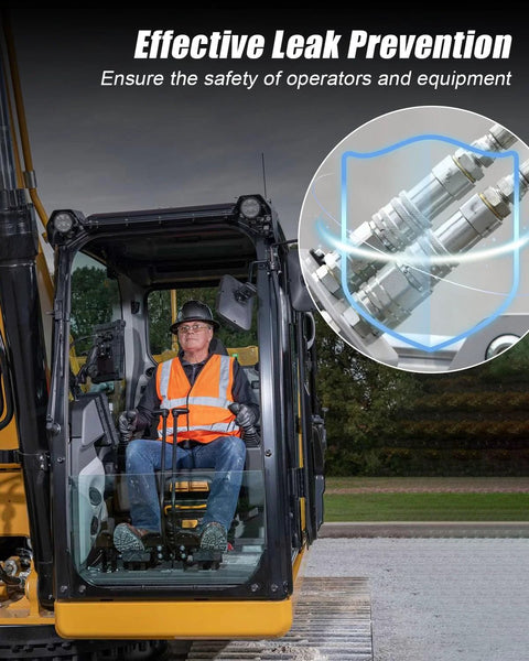3/8 in flat-face hydraulic quick-connect couplers with dust caps; metal fittings inset, excavator cab with operator