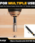 Close-up of drill in use with magnetic extension from Complete 18-Piece Countersink Drill Bit Set For Wood With Magnetic Extension Bit Holder And Storage Box For DIYers, Includes 5 Tapered Countersinks Sizes 4, 6, 8, 10, 12, 2 Wood Plug Cutters, Depth Stops, 5 Screwdriver Bits, 1 Hex Key By TOLESA