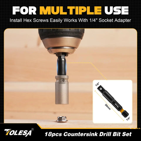 Close-up of drill in use with magnetic extension from Complete 18-Piece Countersink Drill Bit Set For Wood With Magnetic Extension Bit Holder And Storage Box For DIYers, Includes 5 Tapered Countersinks Sizes 4, 6, 8, 10, 12, 2 Wood Plug Cutters, Depth Stops, 5 Screwdriver Bits, 1 Hex Key By TOLESA