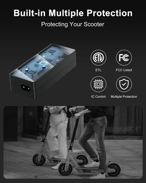 Five In One Universal Scooter Charger With 42V 2A Output, 9.8 Foot Cable, LED Indicator, DC 5.5x2.5mm Or 5.5x2.1mm Connectors, 8mm RCA, 8mm 3 Prong, 12mm 3 Prong And XLR, Works With Gotrax Segway Ninebot Hiboy Bird And More 36V Scooters