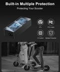 Image showing internal components of 42V 2A Electric Scooter Charger For iScooter i9 i8 i8L E9D E9 Pro E9T i9 Pro i9Plus 1S And Isinwheel S9 S9 Pro S9 Max Replacement Barrel Plug Charger Not 3 Prong 100 To 240V Input with built-in protection icons and people riding scooters.