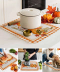 Autumn Thanksgiving Dish Drying Mat Must Have For Kitchen Counter Orange Pumpkin Pattern with Sage Green Wood Grain Finish 18 x 24 Inches
