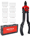 Front view of Heavy Duty Two Handed One Quarter Inch Pop Rivet Gun Kit with 350 Aluminum Rivets, five nosepieces, and case, model NT300 Set.