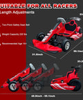 Go Kart For Adults And Kids 8 And Up With 700W Motor App Control And Dashboard Display side and front views dimensions shown
