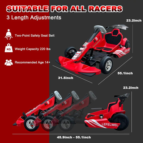 Go Kart For Adults And Kids 8 And Up With 700W Motor App Control And Dashboard Display side and front views dimensions shown