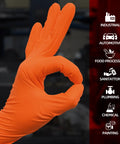 Hella Tough 8 Mil Nitrile Mechanic Gloves With Raised Diamond Texture Heavy Duty Disposable Work Gear Puncture Resistant Grease Slayer Case Of One Hundred Orange Medium hand gesture shown.