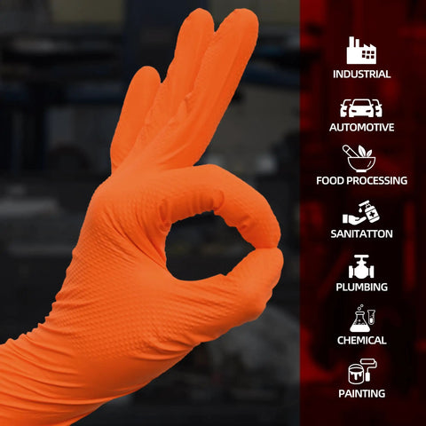 Hella Tough 8 Mil Nitrile Mechanic Gloves With Raised Diamond Texture Heavy Duty Disposable Work Gear Puncture Resistant Grease Slayer Case Of One Hundred Orange Medium hand gesture shown.