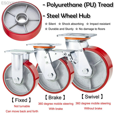 Smooth Rollin Premium Quiet Polyurethane Caster Wheels Set Of 4 With Secure Brake Plates And Double Ball Steel Hubs Straight Up Heavy Duty Casters For Industrial Warehouse Jobs