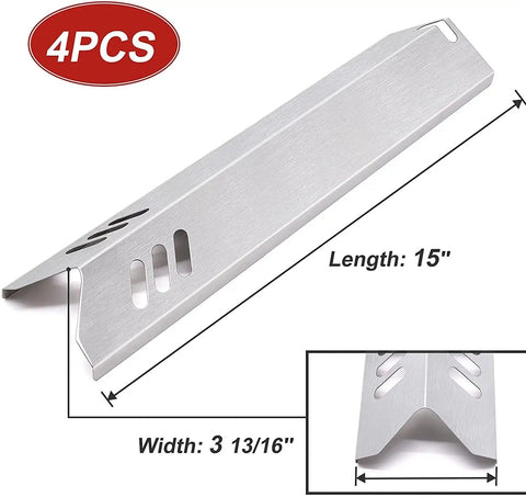 Heat Shields And Heat Tent Replacement Parts Pack For Dyna Glo DGF493BNP Grills 15 Inch Long 4 Pack, stainless steel, dimensions shown