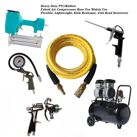 Heavy Duty Air Hose 1/4 X 10 Ft, Kink Resistant Hybrid Air Compressor Hose With Solid Brass Fittings, flexible yellow design.