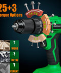 20V Brushless Cordless Drill Kit With Hammer Mode showing torque options and uses for wood, metal, and cement.