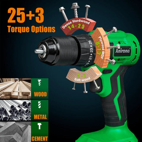 20V Brushless Cordless Drill Kit With Hammer Mode showing torque options and uses for wood, metal, and cement.