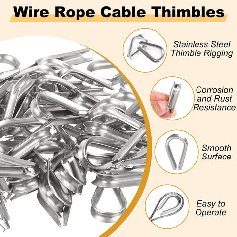 12 Pieces M5 Stainless Steel Wire Rope Clip Clamp Set With Thimbles And Aluminum Crimping Loops on display showing thimbles