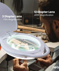 Dual Magnification 7 Inch LED Magnifying Lamp With Dimmable Light And Three Color Temperatures, 1.75X Plus 4X Zoom in use