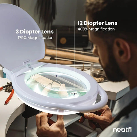 Dual Magnification 7 Inch LED Magnifying Lamp With Dimmable Light And Three Color Temperatures, 1.75X Plus 4X Zoom in use