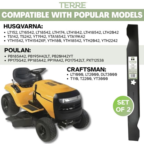 Two Pack High Lift Mower Blades For 42 Inch Decks Fits Craftsman Ariens Husqvarna Poulan Snapper Sears Replacement displayed with popular models