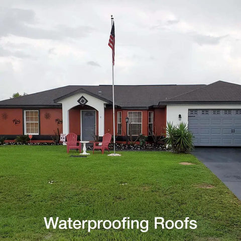 Heavy Duty Liquid Waterproofing Membrane Kills Leaks And Stops Cracks Cold On Roofs Decks And Bathrooms Top Shelf Coating For Wood Metal Masonry Tile Base Crystal Clear Shield Tough As Nails Crafted In Usa One Gallon Jug in front of a house.