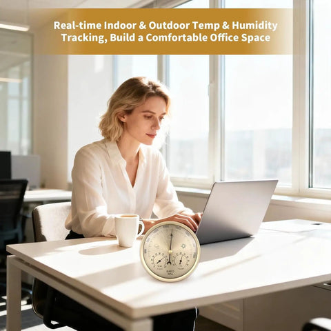 Three In One All Season Weather Station With Thermometer Barometer Hygrometer indoors with person using laptop at desk.