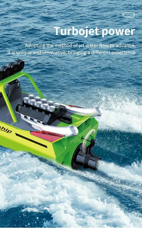 Jet Powered RC Boat With LED Lights 30 KMH Speed Remote Control Turbojet Boat on water with visible jet propulsion and hull