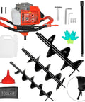 Gas Powered 72cc Post Hole Digger Earth Auger With 4 Inch 8 Inch 12 Inch Drill Bits Plus Two Extension Bars shown with toolkit and gloves