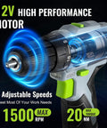 Cordless Drill Driver Kit For Home Projects 12V Lightweight 1.8 Lb With Three Eighths Inch Keyless Chuck Charger And Storage Bag Included Perfect Gift For Diyers And Weekend Warriors, highlighting drill features.