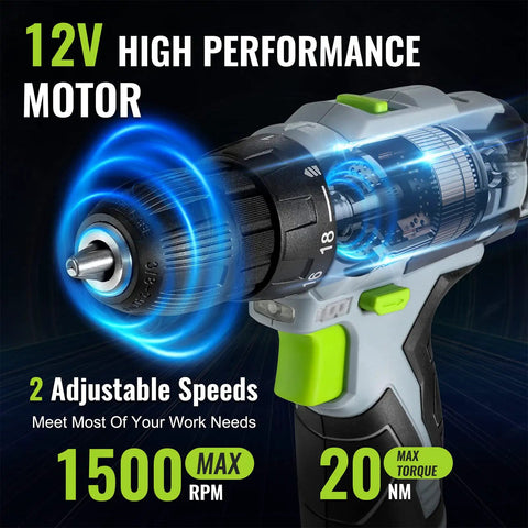 Cordless Drill Driver Kit For Home Projects 12V Lightweight 1.8 Lb With Three Eighths Inch Keyless Chuck Charger And Storage Bag Included Perfect Gift For Diyers And Weekend Warriors, highlighting drill features.