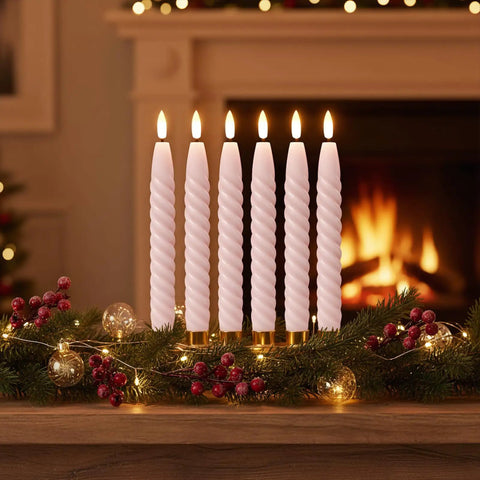 Pink Flameless Taper Candles Real Wax With Remote Timer 6 Pack 9.8 Inch LED Spiral 3D Wick on festive mantel