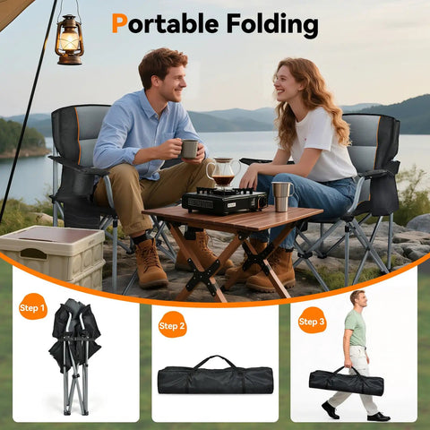 Two people sit on Oversized Heavy Duty Fully Padded Outdoor Folding Chairs 2 Pack With Cup Holder Cooler Bag And Side Pocket Carry Bag Included Supports Up To 400 Lbs Ideal For Sports Outdoors And Lawns.