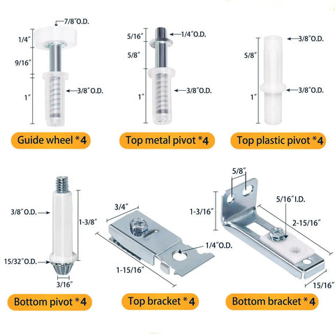 Top Shelf Bi Fold Closet Door Hardware Kit Four Pack parts image including wheels, pivots, brackets for easy closet door fix.