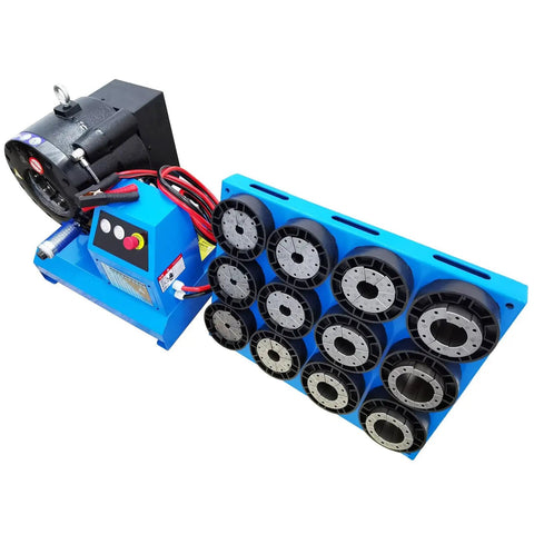 Professional Electric Hydraulic Hose Crimper And Swaging Tool For Quick 1/4 To 2 Inch Fittings with alloy dies and blue frame.