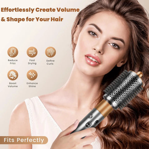 Powerful Volumizing Round Brush Attachment For Airwrap Styler in use for sleek voluminous hairstyle, nickel copper finish