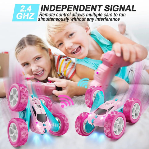 Children playing with Pink Remote Control Car For Girls, 2.4GHz Dual Sided Stunt RC Car With 360 Degree Rotating Wheels