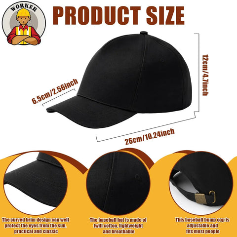Classic black baseball bump cap with breathable shell, adjustable back buckle, 8 Pack Baseball Bump Caps Safety Hard Hat Style.