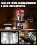 Beefy Compact Wood Router With 6.5 Amp 1.25 HP Power, Fixed Base, showing depth adjustment and locking system features